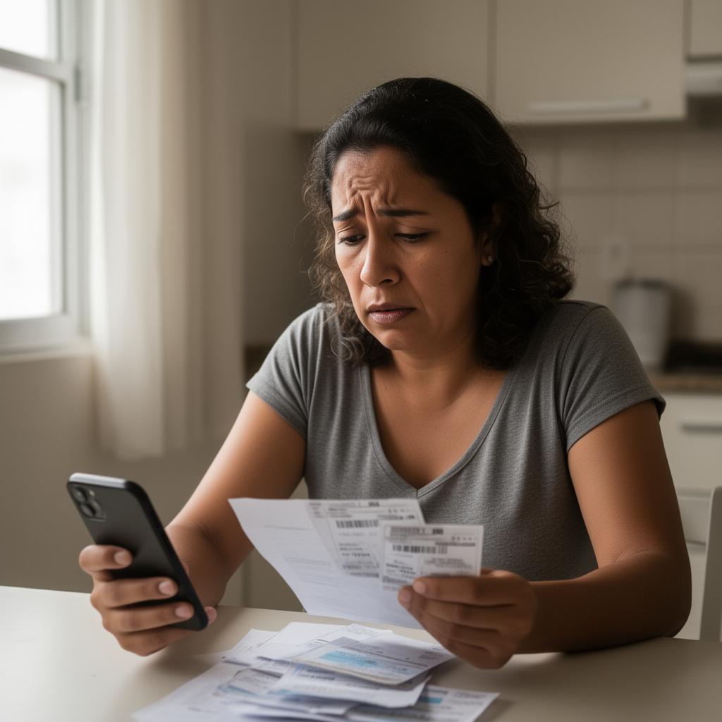 Pessoa olhando contas e celular com preocupação