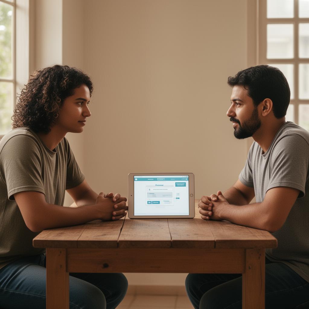 Duas pessoas conversando com tablet sobre proposta de compra